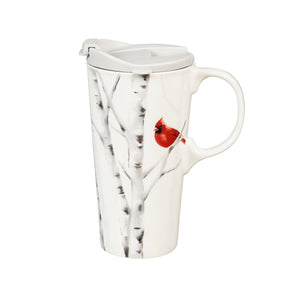 Ceramic Travel Cup, 17oz w/box and Tritan Lid - Perching Cardinal