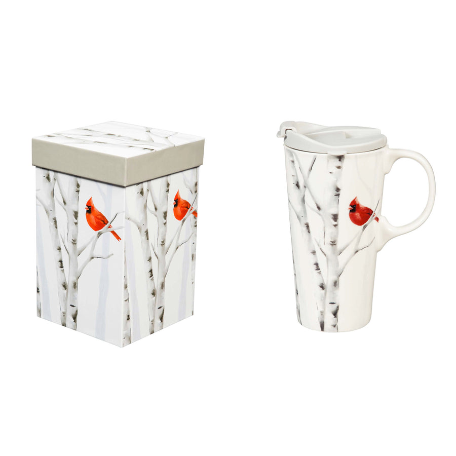 Ceramic Travel Cup, 17oz w/box and Tritan Lid - Perching Cardinal